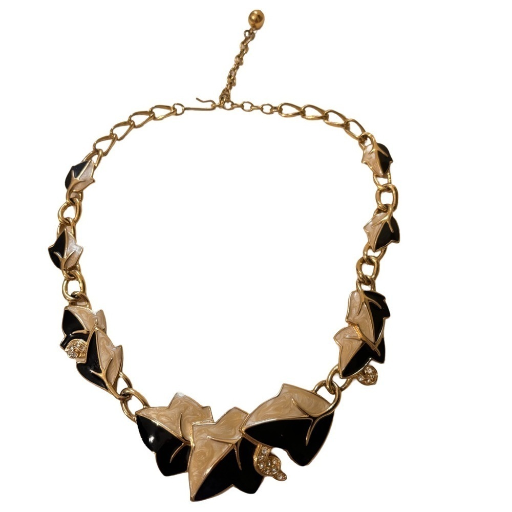 TRIFARI vintage Cream Satin Black Enamel LEAF  rhinestone Necklace